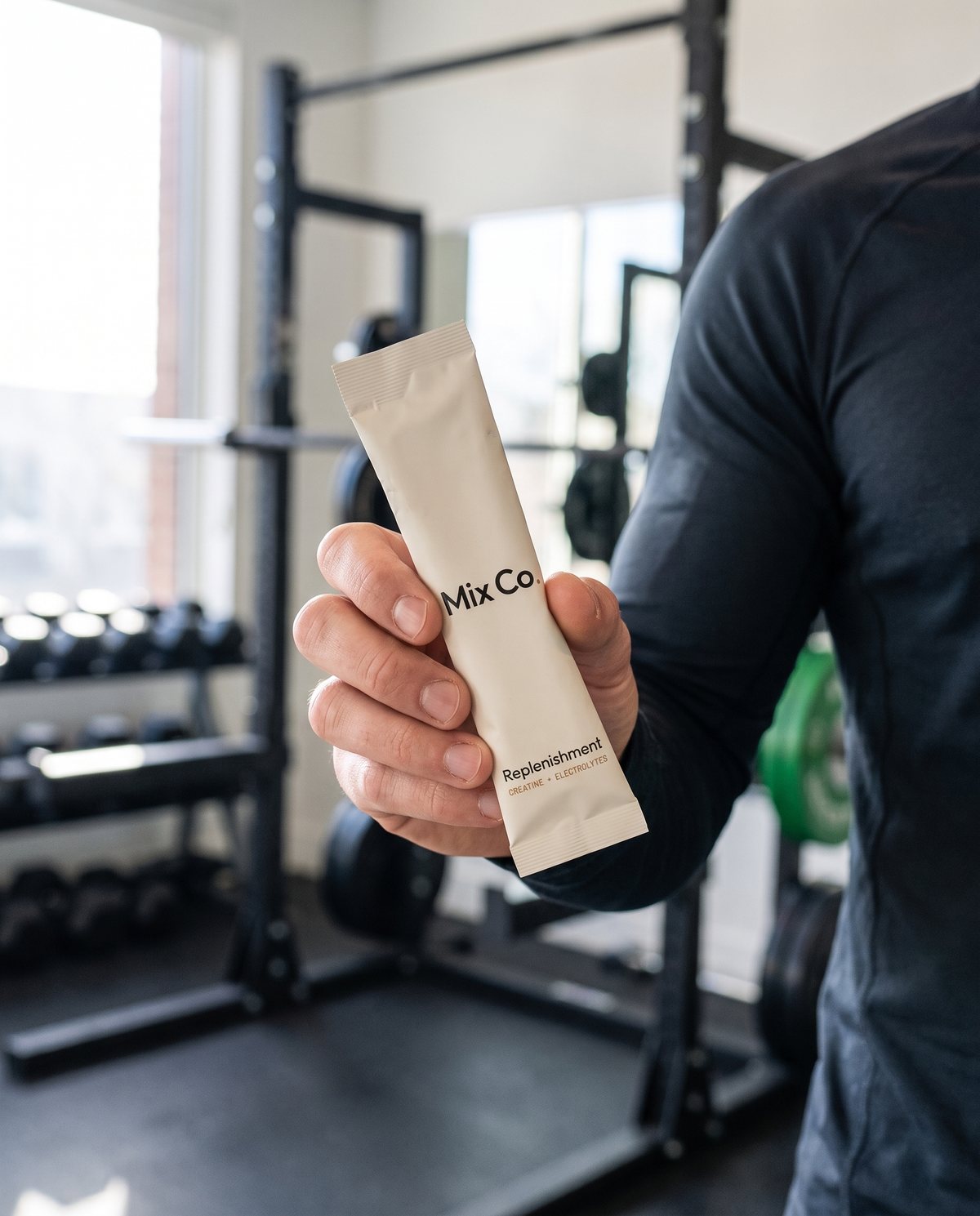 Holding a Replenishment stick in the gym