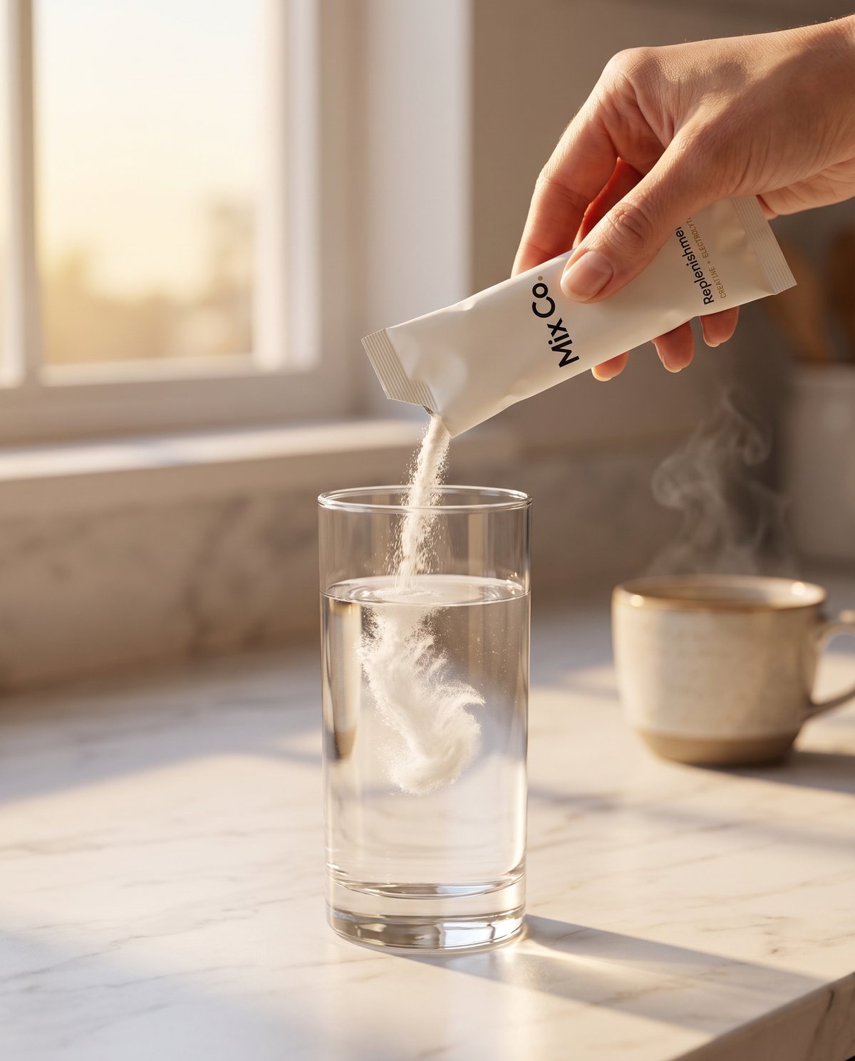Pouring a Replenishment stick into a glass of water